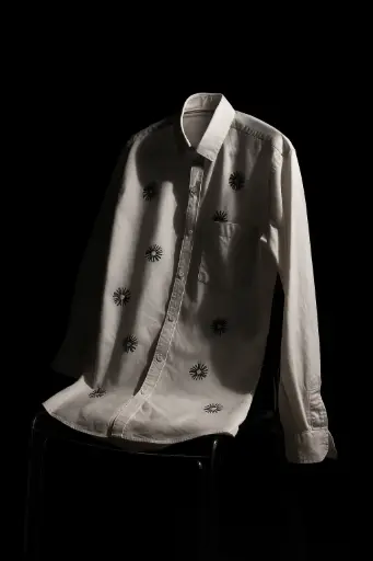 Men's White Cotton Shirt with Olive Green Embroidery 