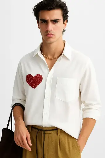 Men's White Button-Down Shirt with Red Heart